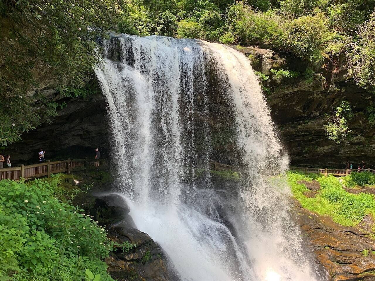 Une cascade se déversant le long d’une falaise rocheuse, entourée d’une végétation luxuriante.