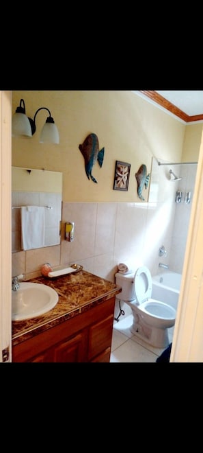 Badewanne, Haartrockner, Handtücher, Seife