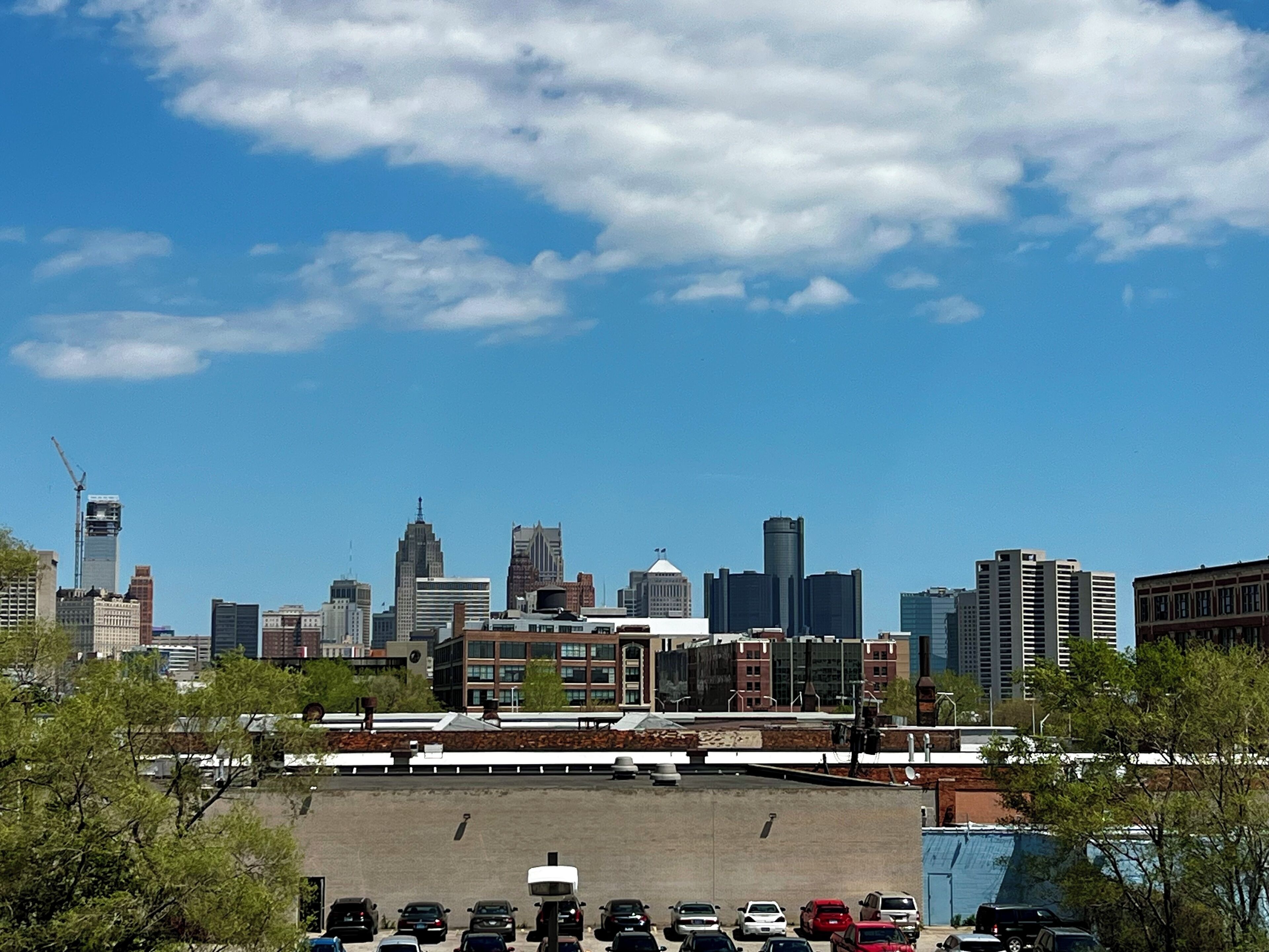 A parking lot with cars and a city skyline in the background.