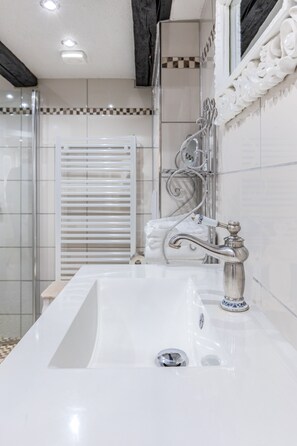 Shower, hair dryer, towels, toilet paper