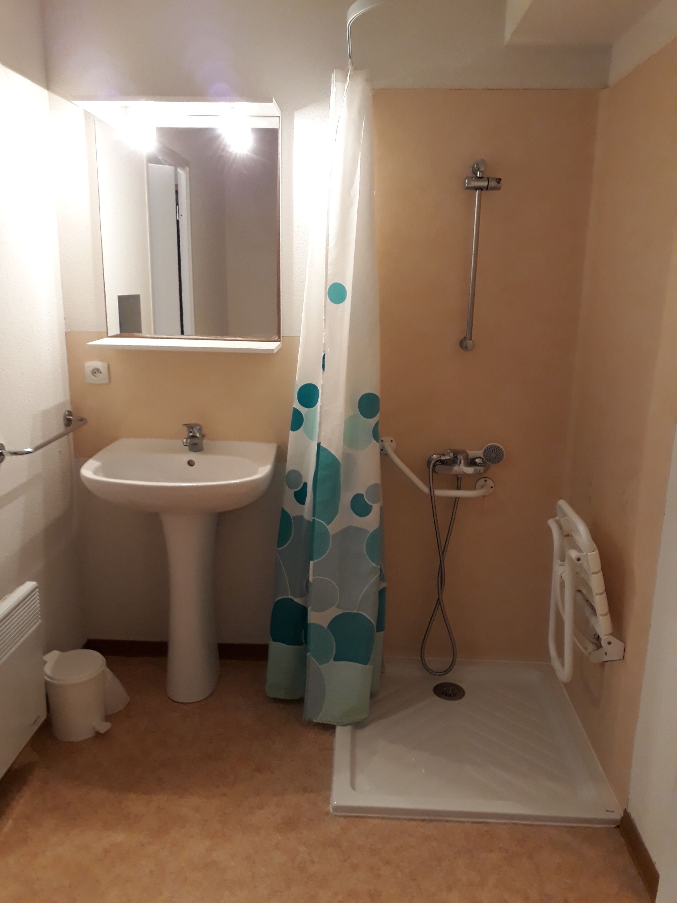 Une salle de bain équipée d’un lavabo, d’un miroir, d’une douche et de toilettes.