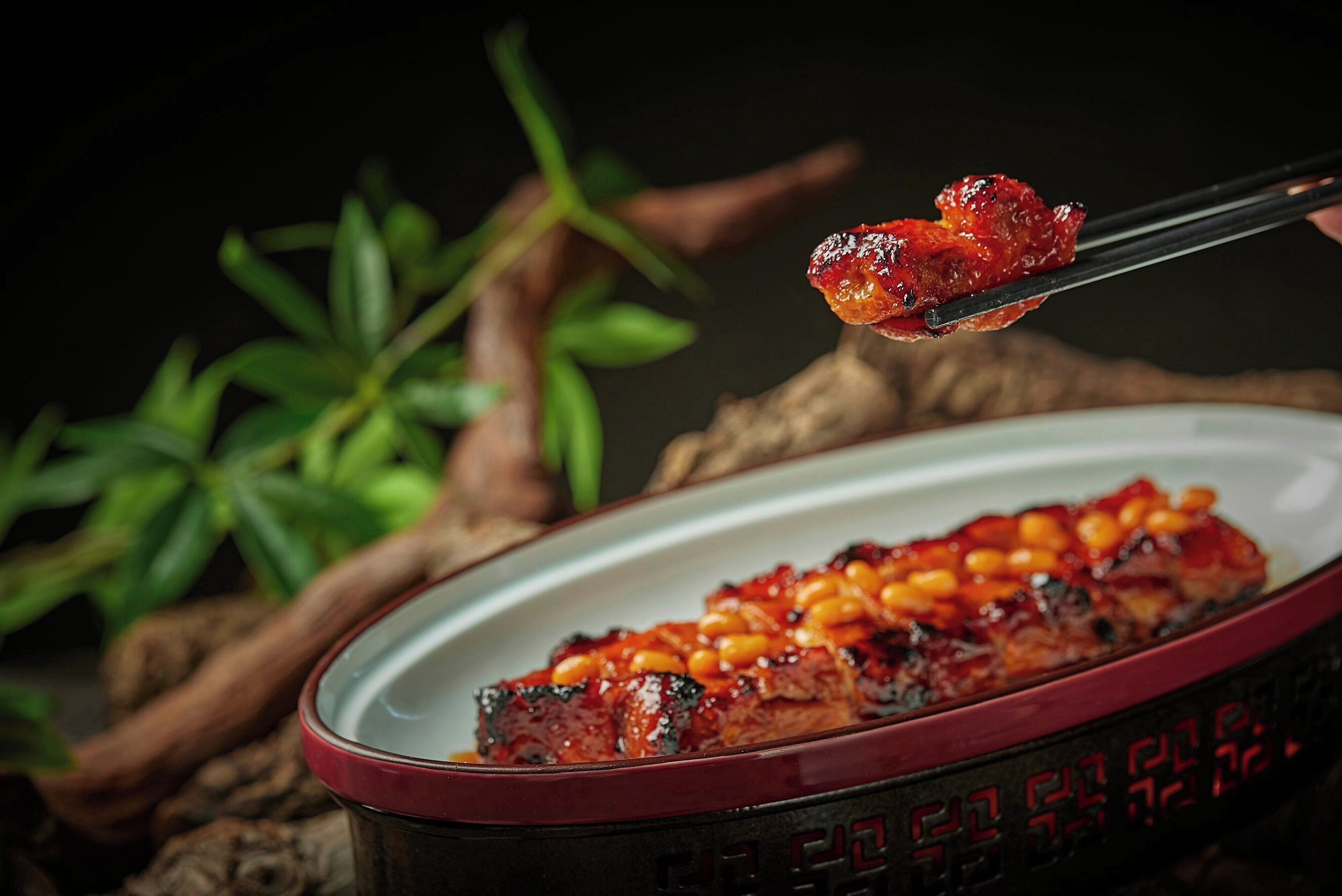 A dish of glazed meat with beans on a plate.