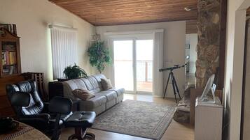 Smart TV, fireplace, DVD player, books