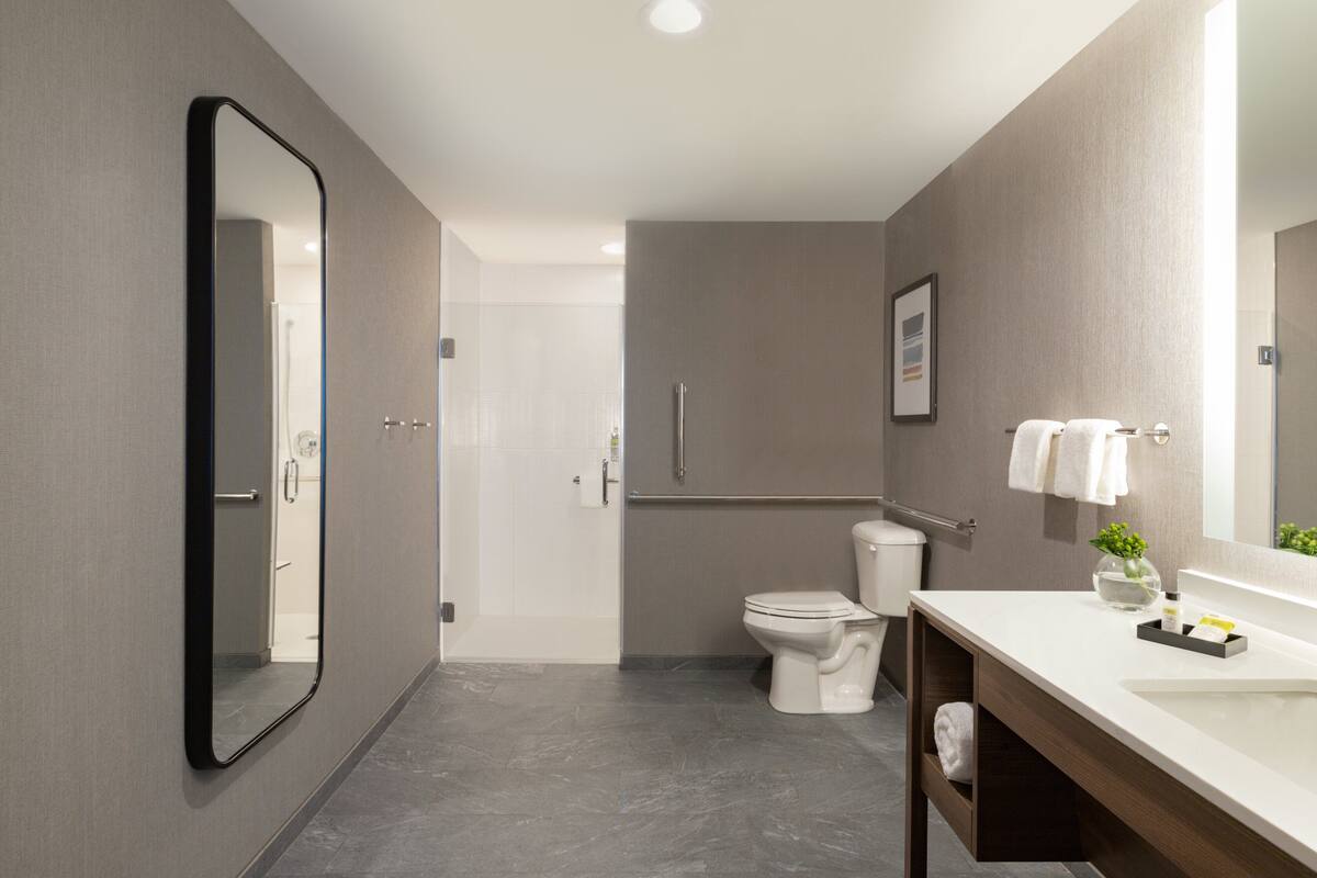 A modern bathroom with a toilet, bidet, and a large mirror.