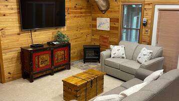 Een televisie, een open haard, videogames en een dvd-speler