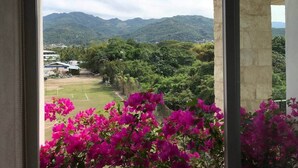 Une vue à travers une fenêtre donnant sur un balcon, avec un paysage verdoyant luxuriant, des montagnes et un terrain de sport.