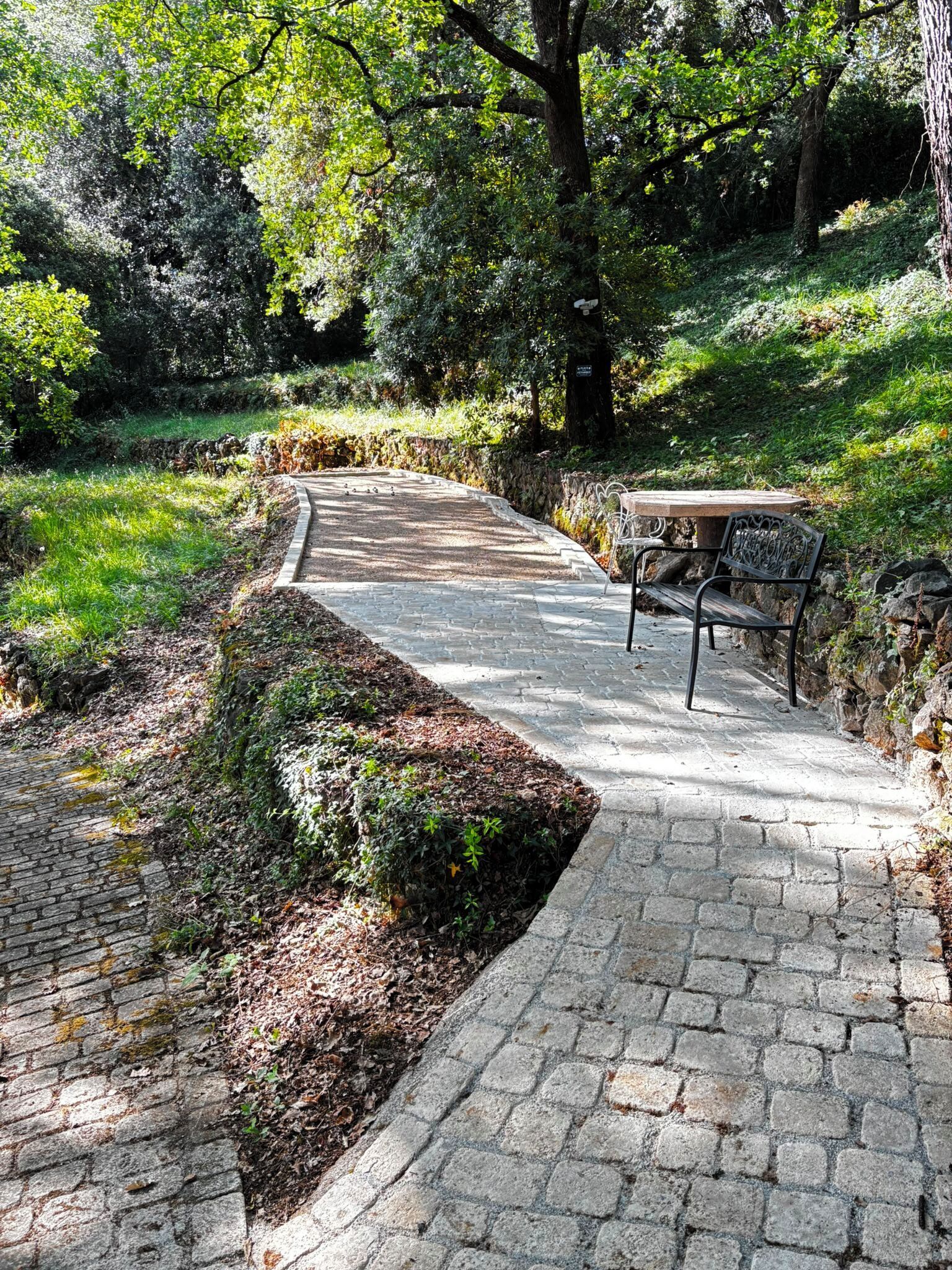 A paved pathway with a bench and a stone wall.