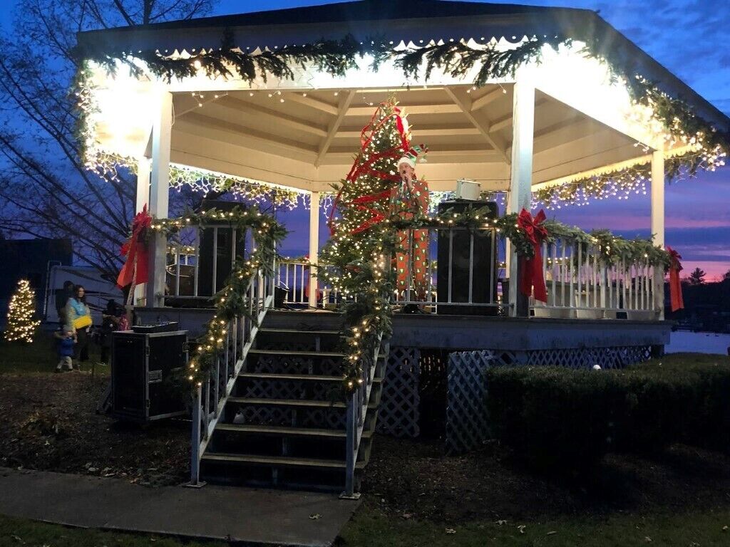 A gazebo with a Christmas tree and lights, surrounded by a fence and steps.