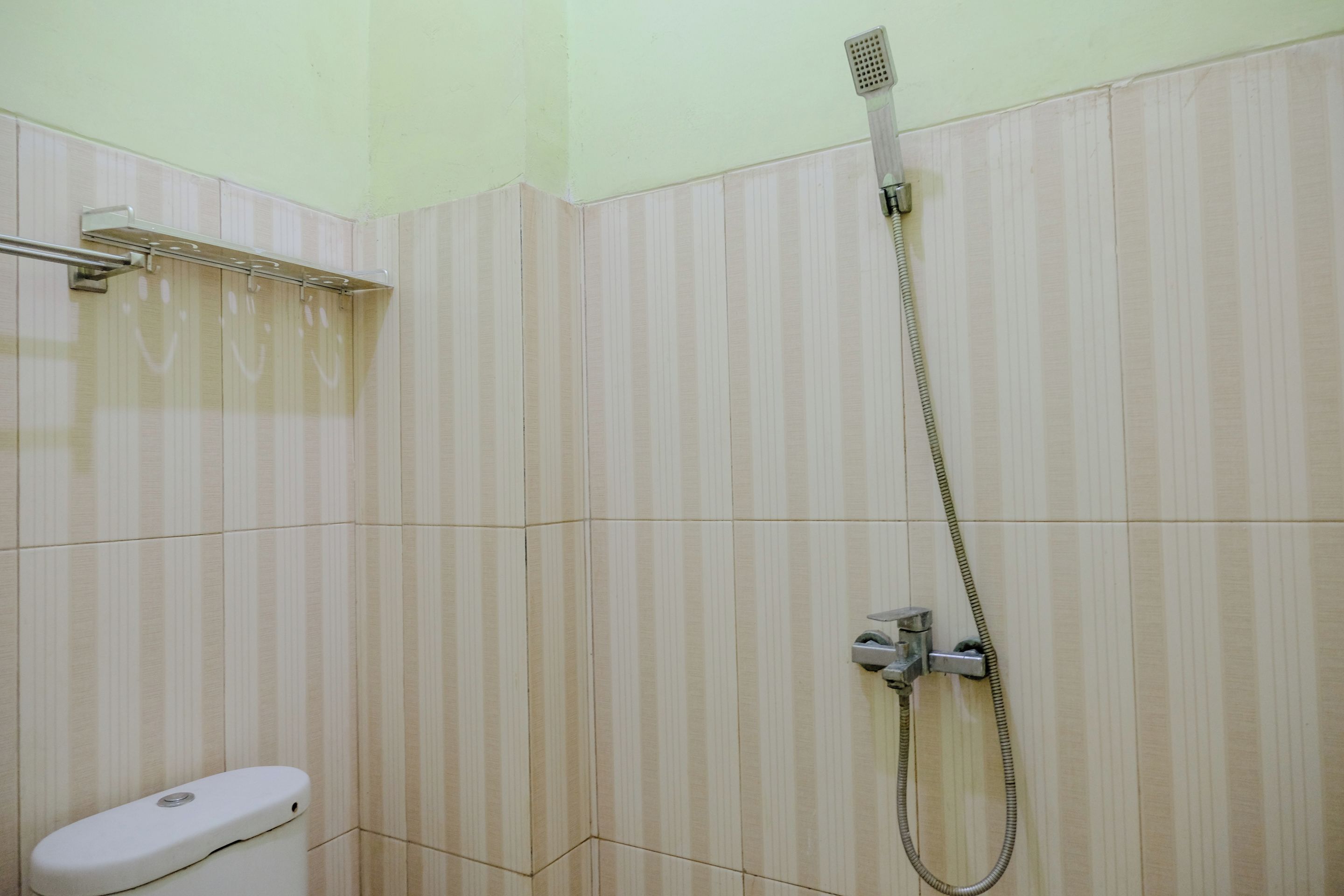 A bathroom with a shower, toilet, and a towel rack.