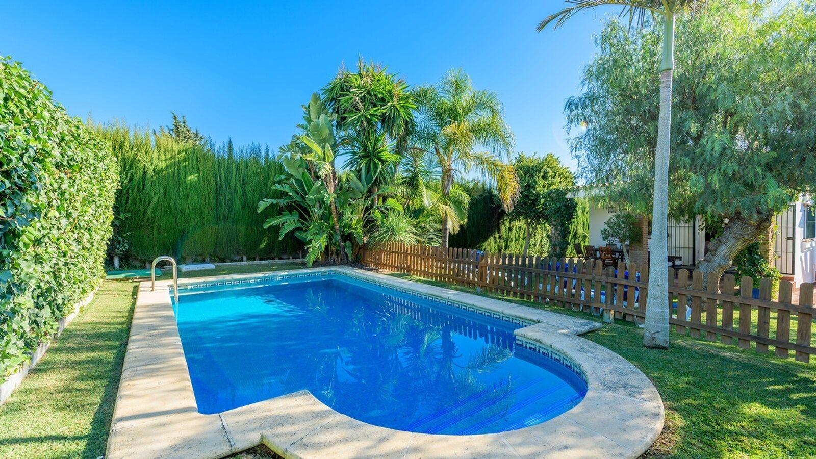 Ein rechteckiger Swimmingpool mit Holzdeck und Metallleiter, umgeben von üppiger Vegetation und einem Holzzaun.