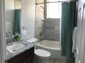 Bathtub, hair dryer, towels, soap