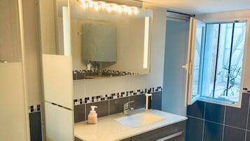 Hair dryer, towels, soap, shampoo