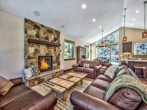 Smart TV, fireplace, books, stereo