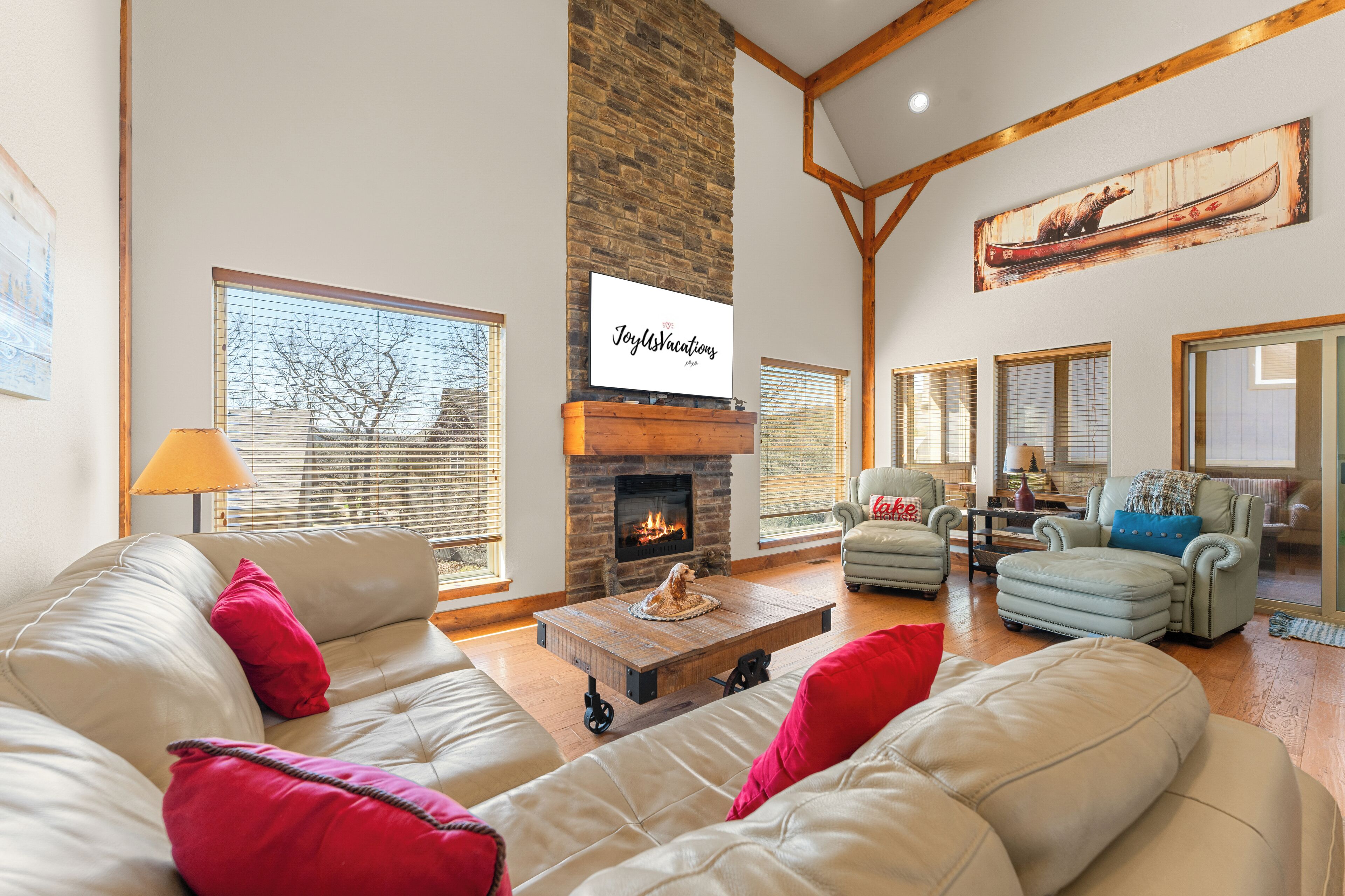 Smart TV, fireplace, DVD player, books