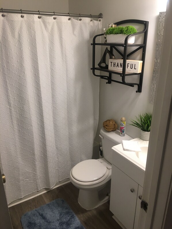Ensemble douche/baignoire, sèche-cheveux, serviettes fournies, savon