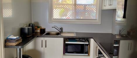 Fridge, microwave, oven, electric kettle