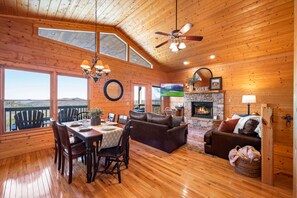 TV, caminetto, lettore DVD, libri