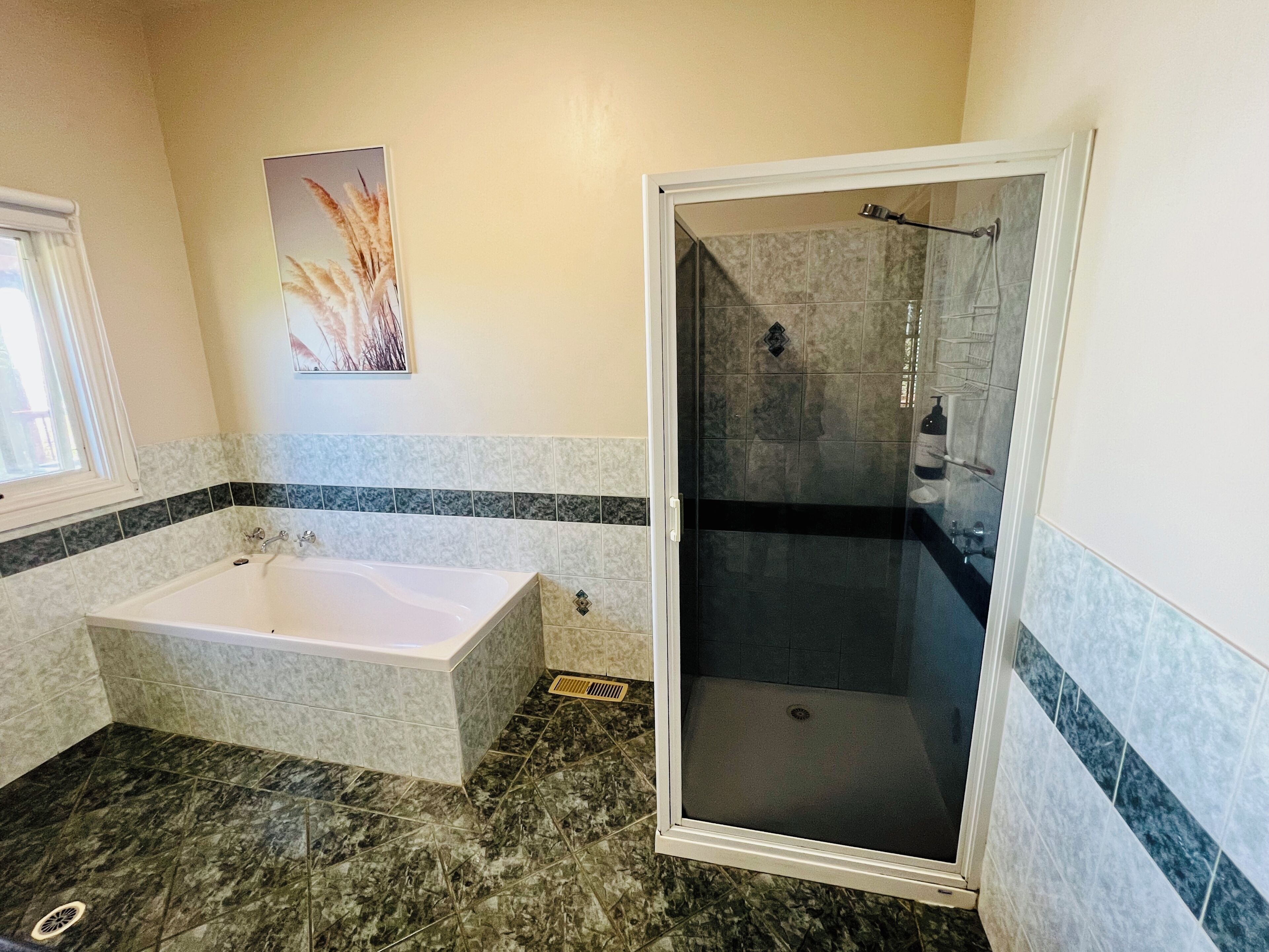 Bathtub, hair dryer, towels, soap