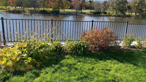 Ein Park mit einem See, einem Metallzaun und verschiedenen Bäumen und Sträuchern.