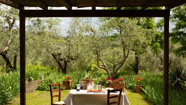 A covered outdoor dining area with a table set for two, surrounded by lush greenery and trees. - Le Vasche 4 - Apartment with pool (Romola)