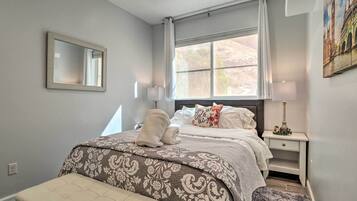 2 bedrooms, iron/ironing board, travel crib, internet