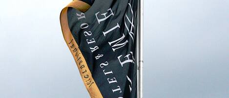 A flag with the text "Hotel" and "Wellington" on it.