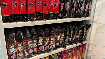 Shelves stocked with various packaged food items.