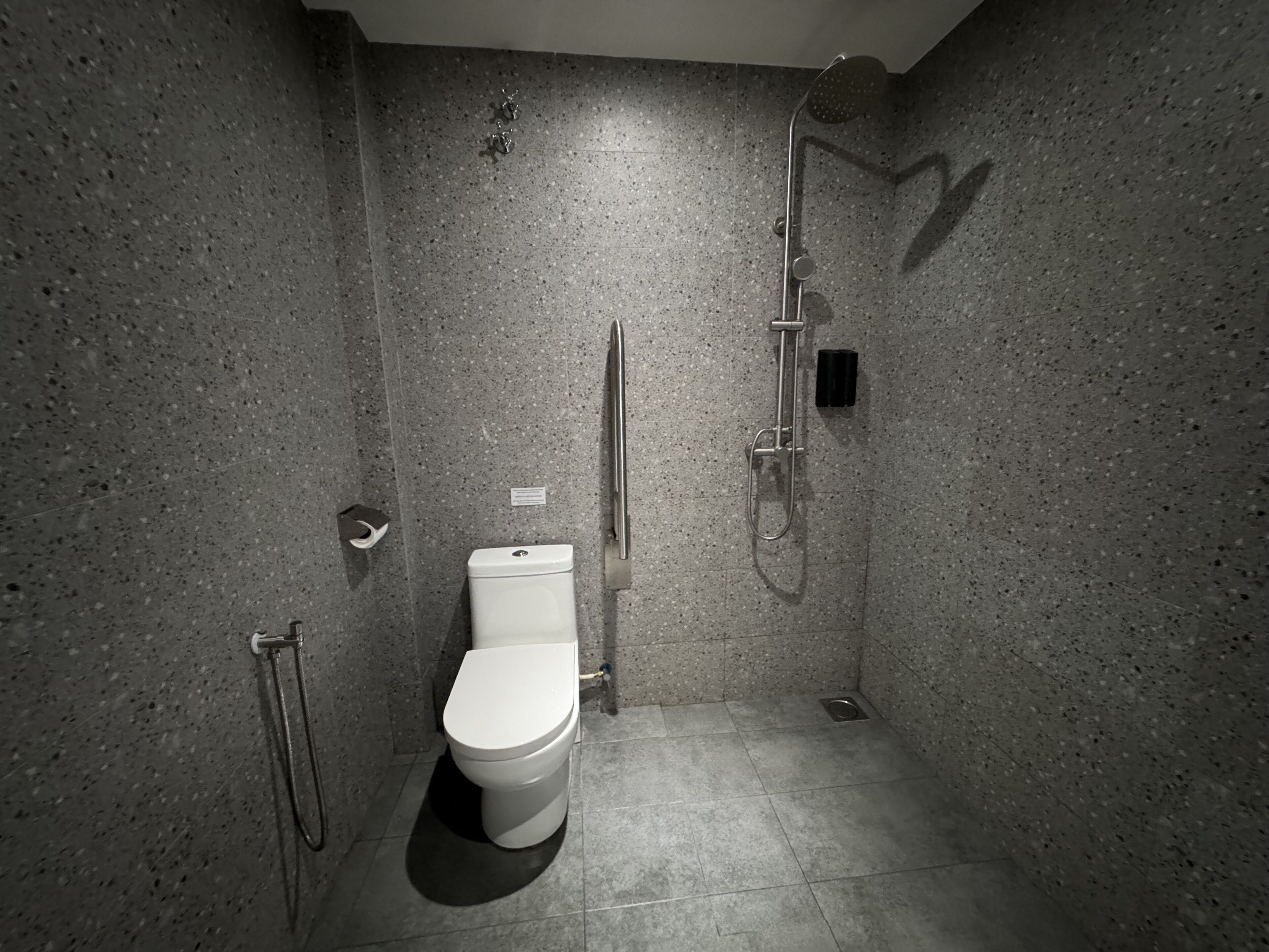 Une salle de bain moderne et compacte, équipée de toilettes, d’une douchette à main et d’un robinet mural.