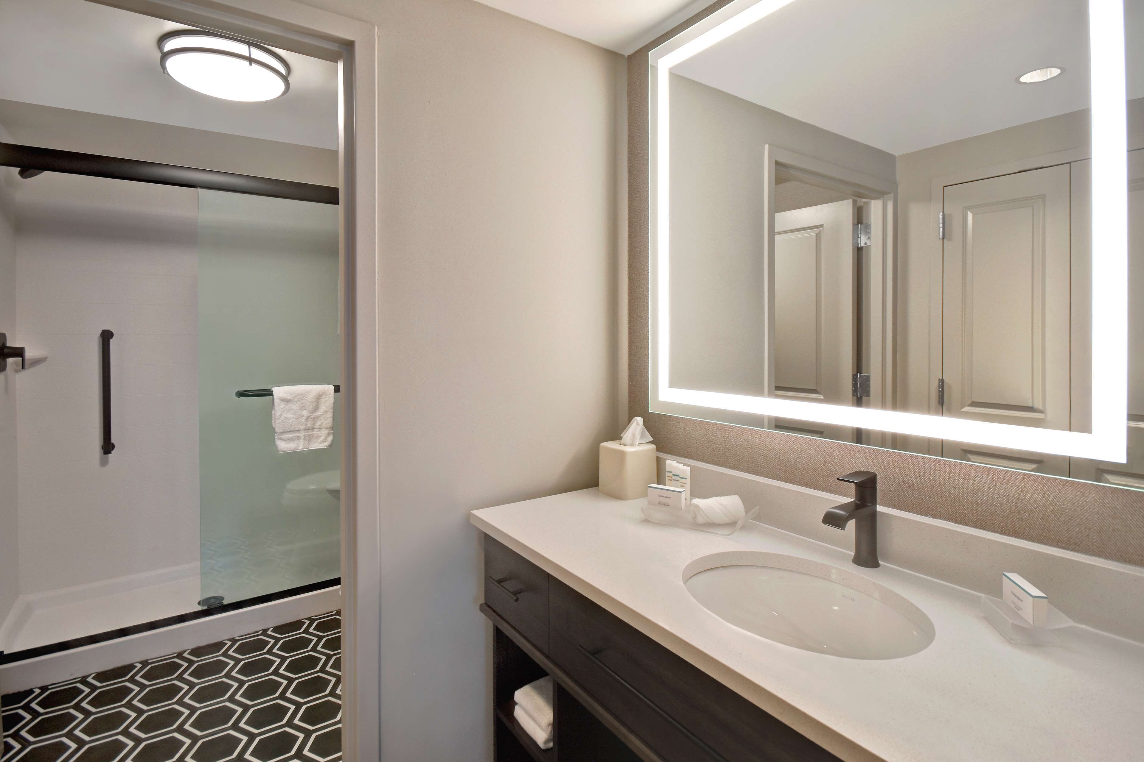 A modern bathroom with a glass shower enclosure, a sink with a large mirror, and a dark-toned vanity.