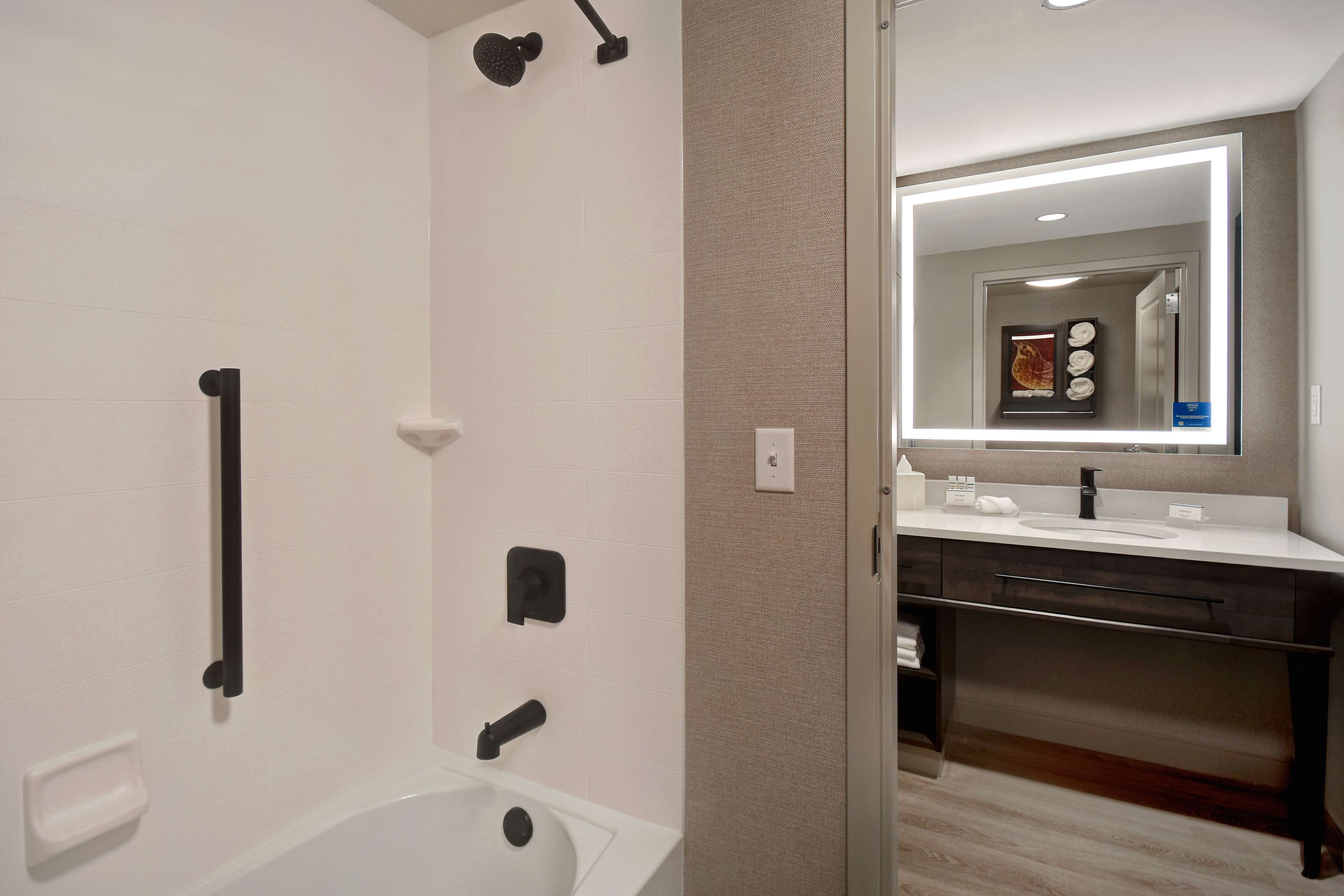 A modern bathroom with a white bathtub, a shower with a black handheld showerhead, a vanity with a mirror, and a towel rack.