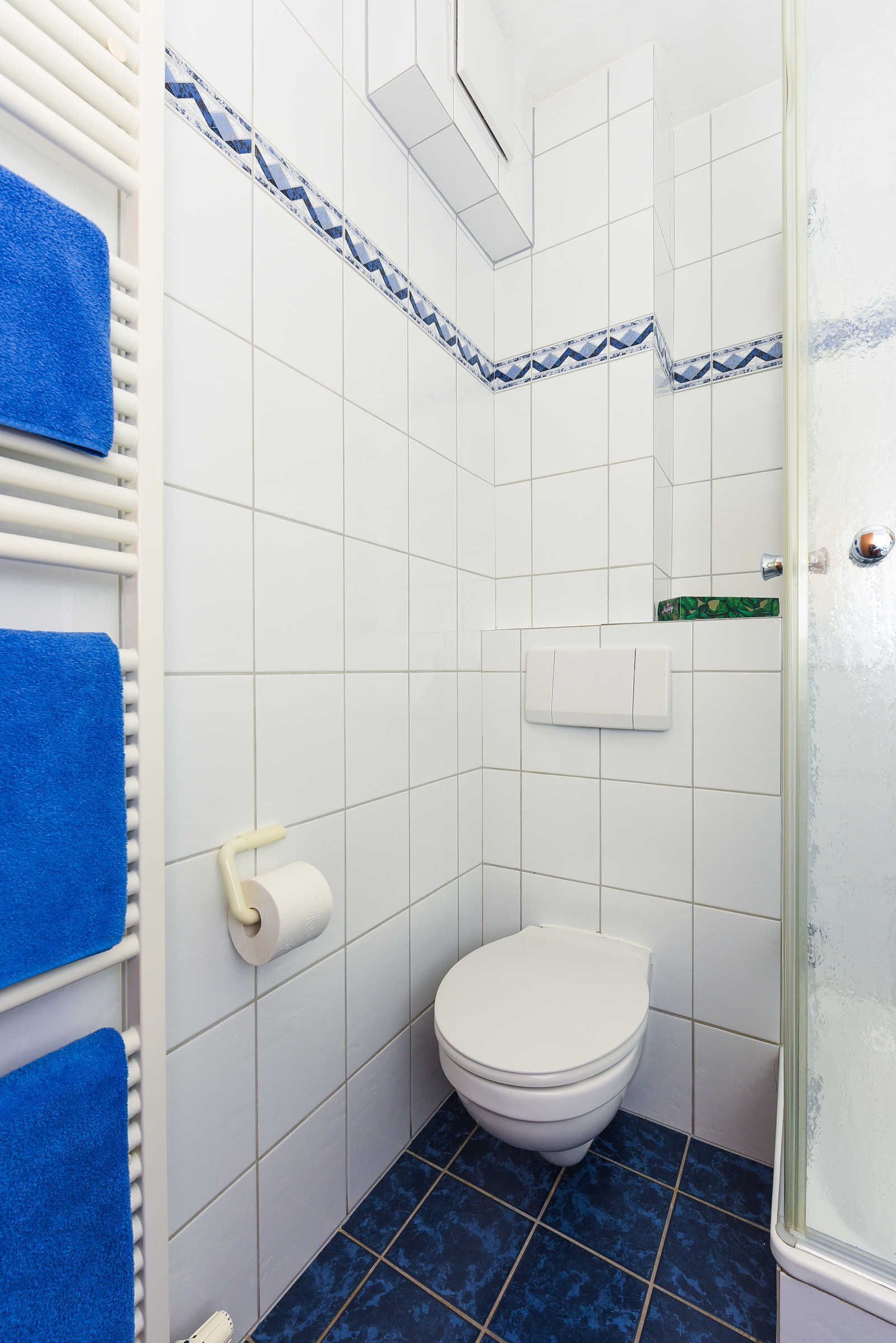 Een badkamer met witte tegels, een blauw betegelde vloer, een wit toilet, een handdoekrek met blauwe handdoeken en een douchehoek.