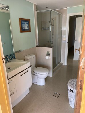 Hair dryer, towels, soap, toilet paper