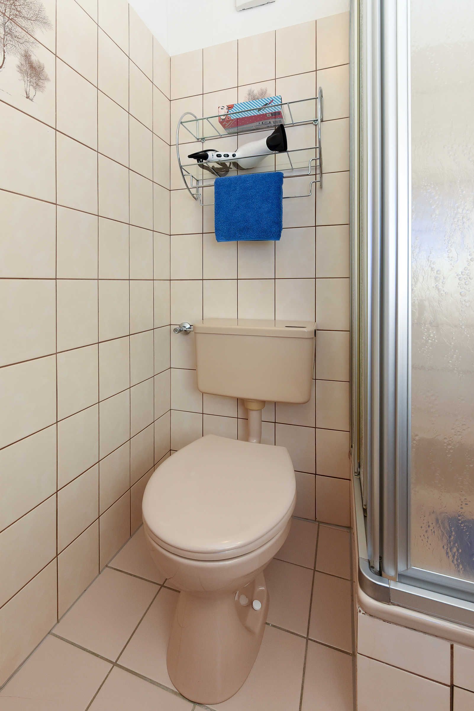 Une petite salle de bain comprenant des toilettes, une étagère avec des articles de toilette et un espace douche.