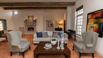 TV, fireplace, books