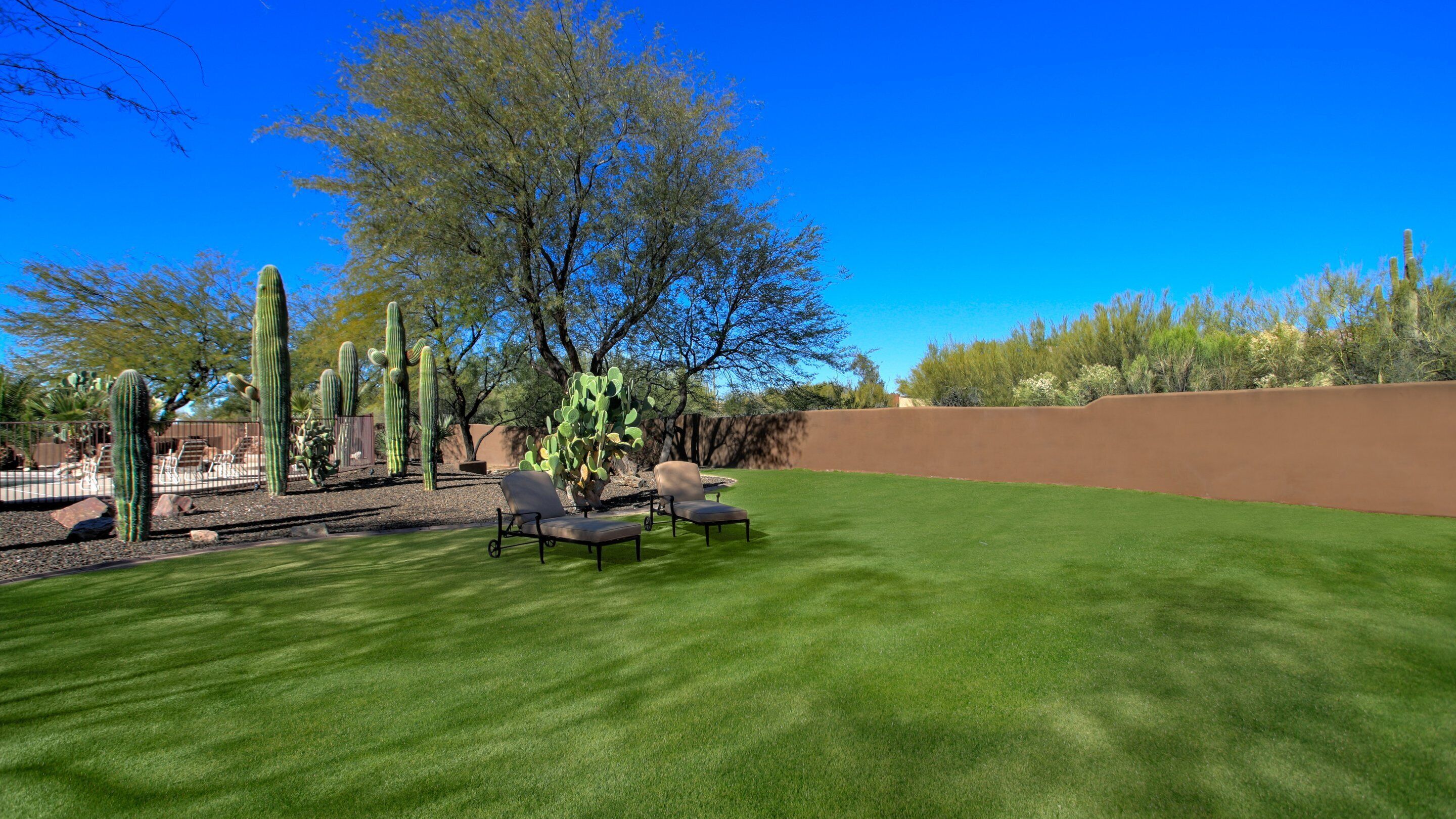 A well-maintained lawn with a few chairs and a cactus garden.