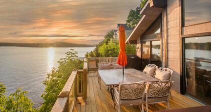 Beautiful lake front sunset view, you can hear waves crashing against the bluff