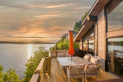 Beautiful lake front sunset view, you can hear waves crashing against the bluff