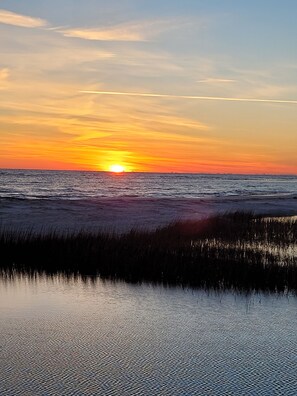 On the beach, sun loungers