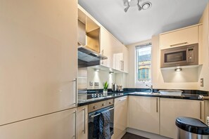 Fridge, microwave, stovetop, dishwasher