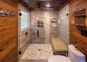 Combined shower/tub, hair dryer, towels, shampoo