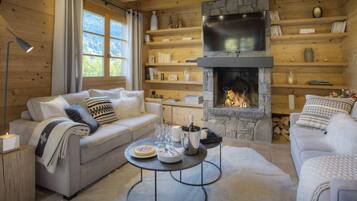 Télévision, cheminée, chaßne hi-fi