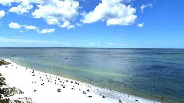 On the beach, sun loungers