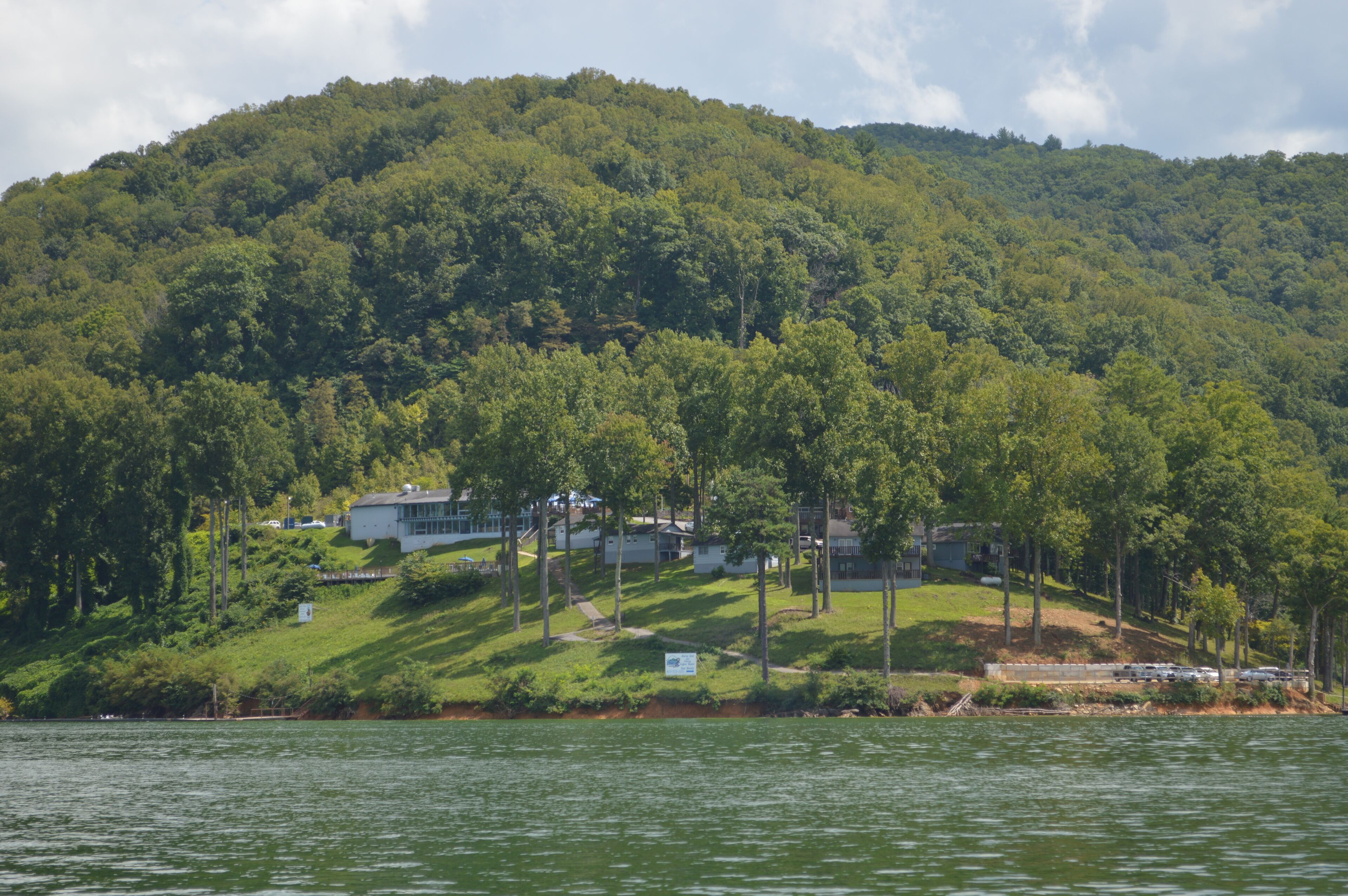 Une propriété au bord du lac, comprenant plusieurs maisons construites sur une colline, et entourée d’une forêt dense.