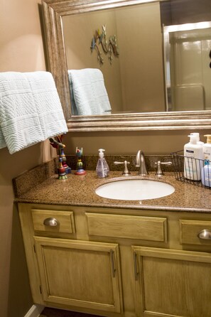 Combined shower/bathtub, hair dryer, towels, toilet paper