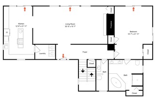 A floor plan with a kitchen, living room, foyer, and two bedrooms, each with closets and an exit sign.
