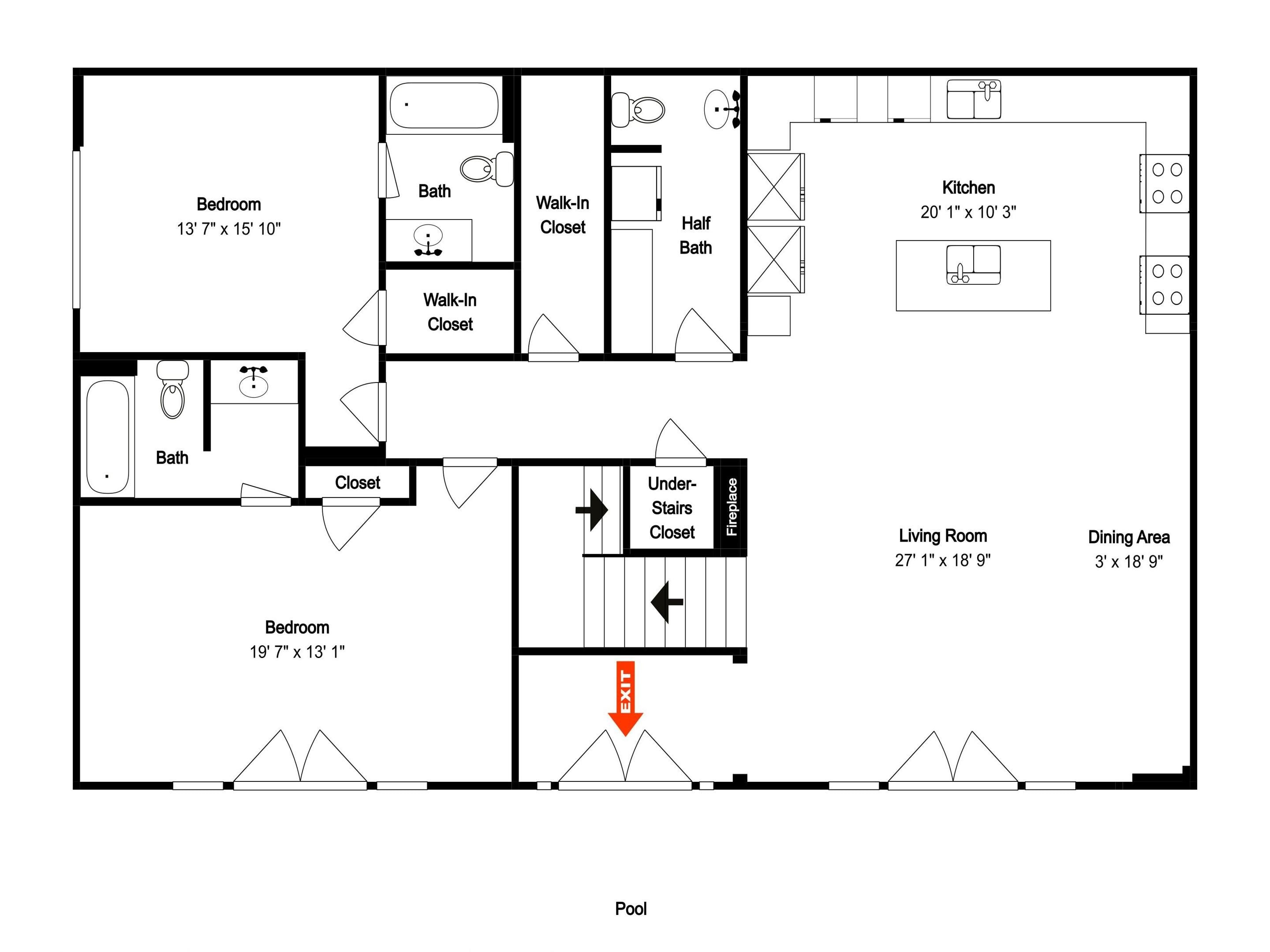 Un plan d’étage comprenant une chambre, deux salles de bain, une cuisine, un salon, un coin repas et un placard sous l’escalier.