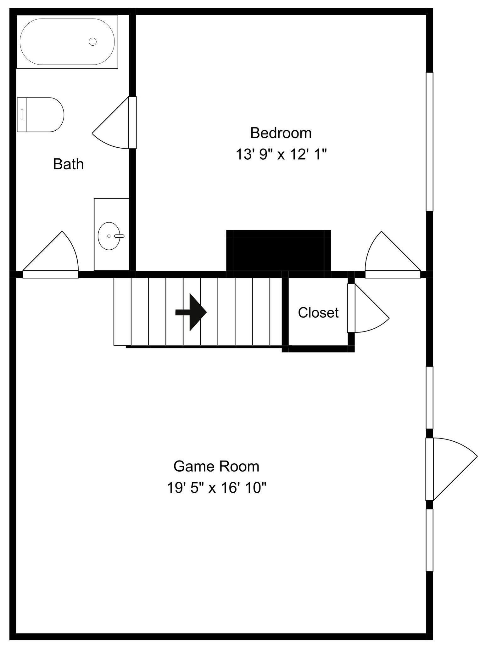 Plano de planta que muestra un dormitorio de 4,2 metros por 3,7 metros, una sala de juegos de 5,9 metros por 5,1 metros y un baño.