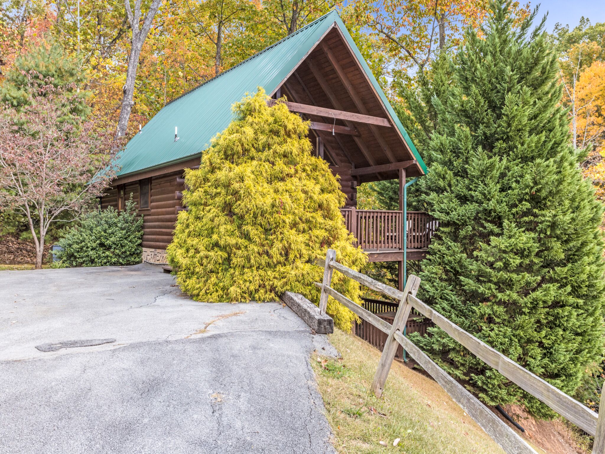 A log cabin with a green roof, a wooden deck, and a large evergreen tree in front.