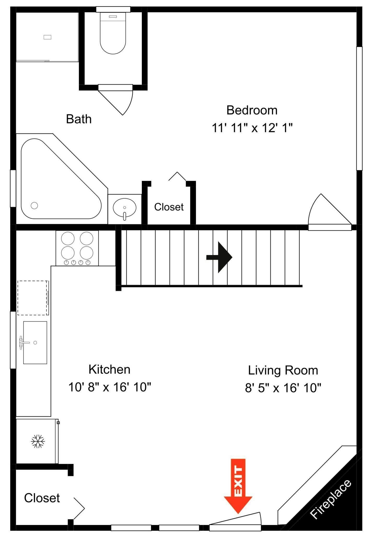 A floor plan with a bedroom, bathroom, kitchen, living room, and closet.