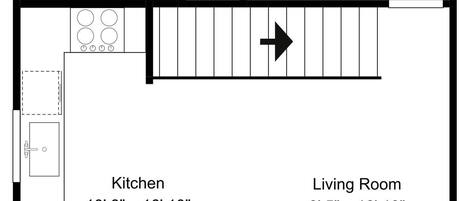 A floor plan with a bedroom, bathroom, kitchen, living room, and closet.
